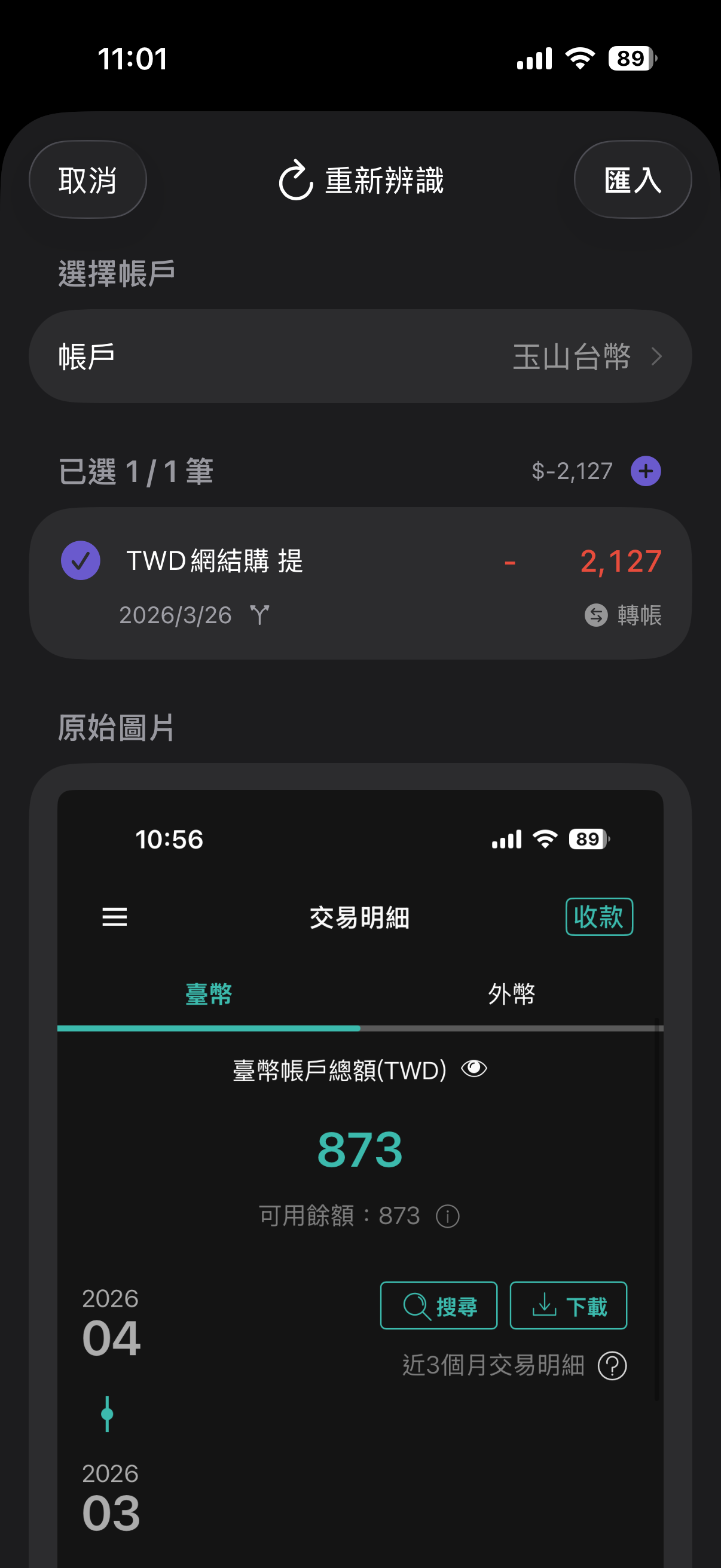 紀錄確認與匯入畫面